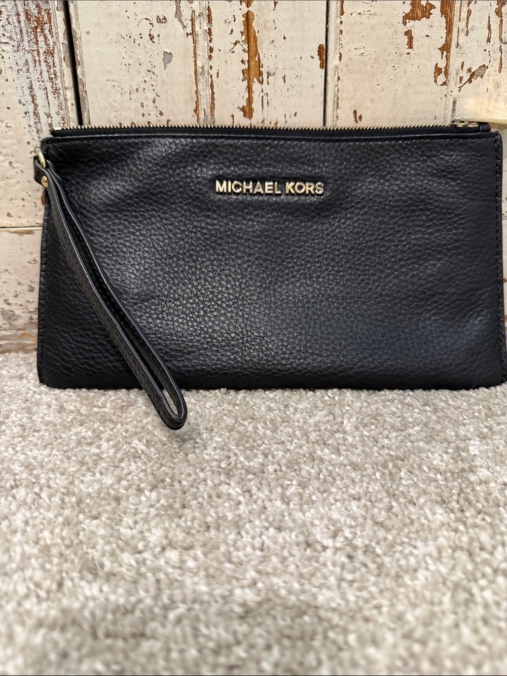 Michael Kors Black Pebbled Leather Wristlet with Gold Logo